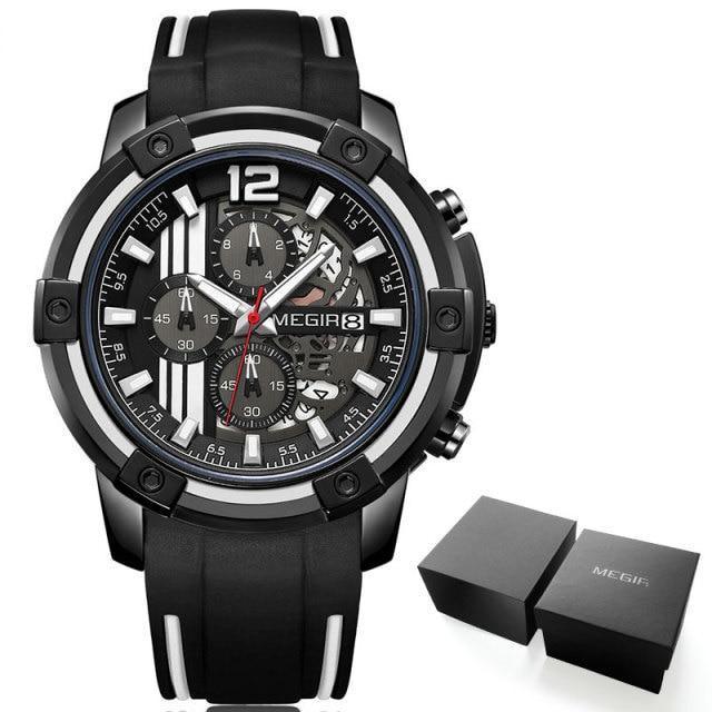 Men's black quartz watch with silicone strap and skeleton MEGIR dial on Tampa Home & Garden Store