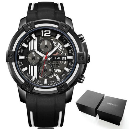 Men's black quartz watch with silicone strap and skeleton MEGIR dial on Tampa Home & Garden Store