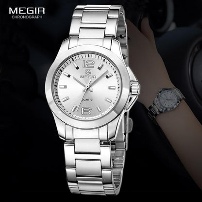 Stevvex silver round women's watch with steel bracelet, quartz movement Megir Chronograph on Tampa Home & Garden Store