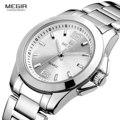Silver round women's wristwatch with stainless steel band, quartz movement, MEGIR logo on dial on Tampa Home & Garden Store