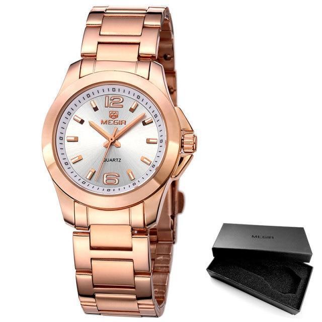 Megir rose gold women's round quartz watch with white dial and link bracelet with black box on Tampa Home & Garden Store