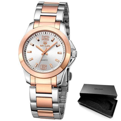 Women's two-tone silver and rose-gold Stevvex quartz watch with bracelet on Tampa Home & Garden Store