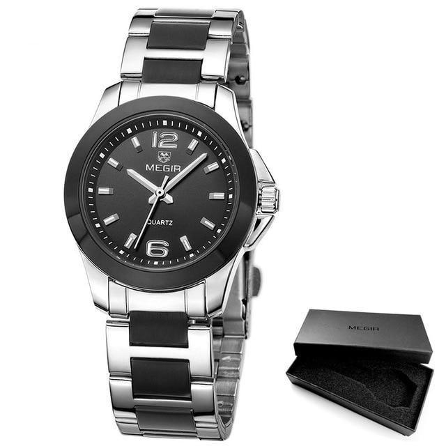Megir silver round women's quartz wristwatch with black dial and steel bracelet; includes box on Tampa Home & Garden Store