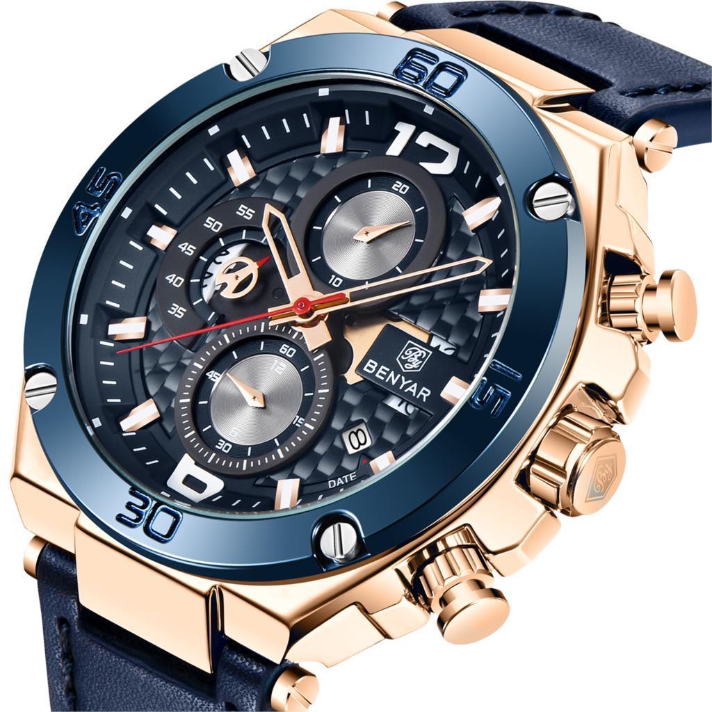 Mens quartz chronograph watch with blue bezel rose-gold case navy leather strap BENYAR on Tampa Home & Garden Store