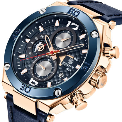 Mens quartz chronograph watch with blue bezel rose-gold case navy leather strap BENYAR on Tampa Home & Garden Store
