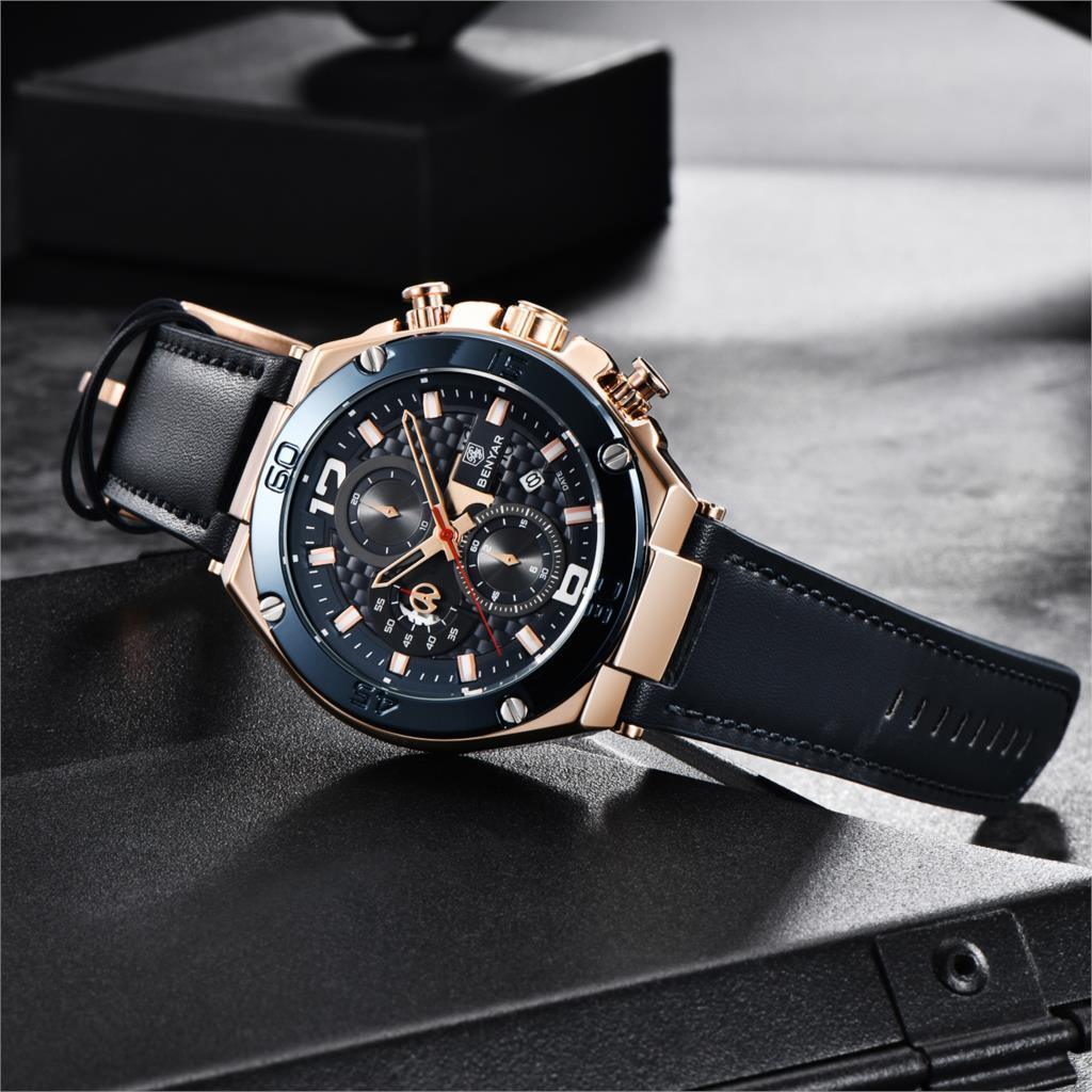 Stevvex men's multifunction watch with rose-gold case, black dial leather strap on Tampa Home & Garden Store