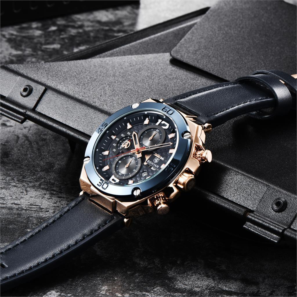 Stevvex multifunction luxury mens chronograph watch with genuine leather strap and rose gold case on Tampa Home & Garden Store