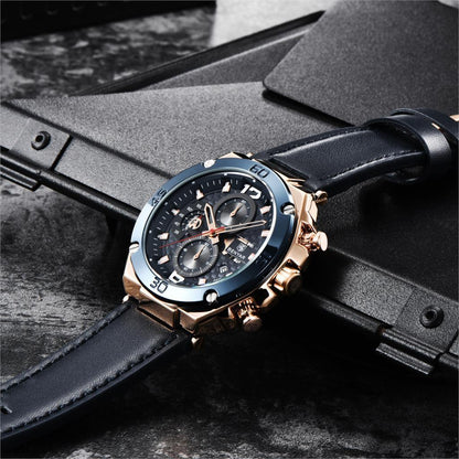 Stevvex multifunction luxury mens chronograph watch with genuine leather strap and rose gold case on Tampa Home & Garden Store