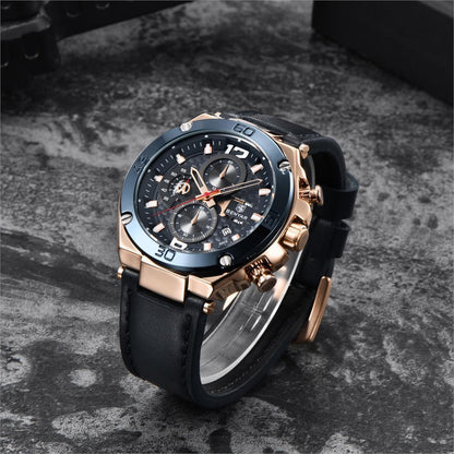 Multifunction Luxury 2021 Men's Watch with rose-gold case, blue bezel, leather strap Benyar on Tampa Home & Garden Store