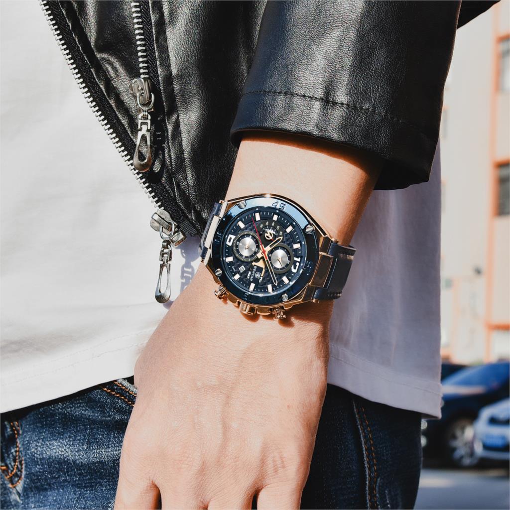 Stevvex multifunction men's watch with stainless steel bracelet, black chronograph dial on Tampa Home & Garden Store