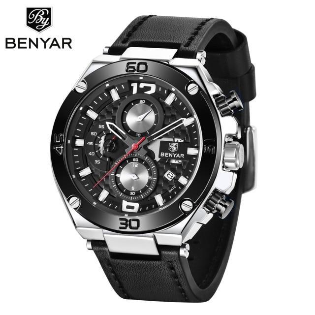 Men's multifunction chronograph watch with black dial, leather strap BENYAR logo on Tampa Home & Garden Store