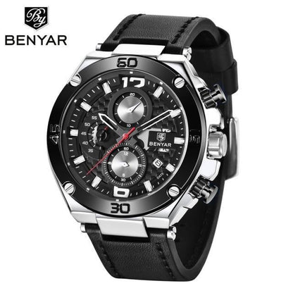 Men's multifunction chronograph watch with black dial, leather strap BENYAR logo on Tampa Home & Garden Store
