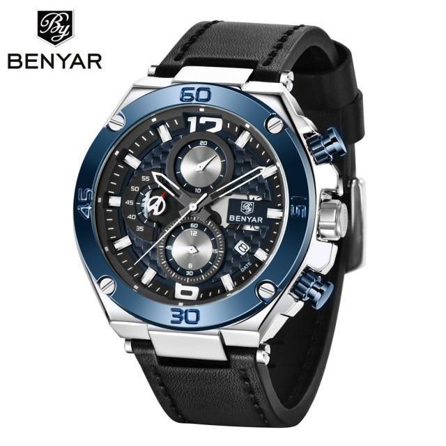 Benyar men's multifunction chronograph watch with blue bezel and black leather strap on Tampa Home & Garden Store