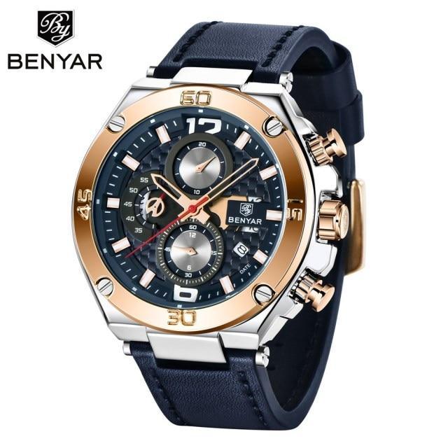 Multifunction chronograph 2021 men's watch with blue leather strap and gold bezel Benyar on Tampa Home & Garden Store