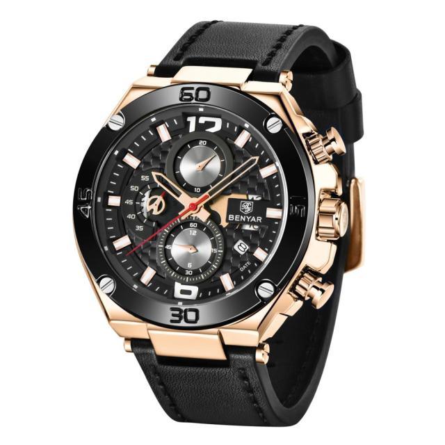 Men's multifunction luxury watch rose-gold case black chronograph dial leather strap Benyar on Tampa Home & Garden Store