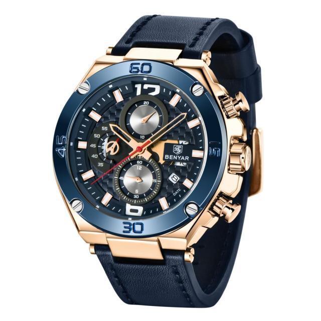 Men's quartz chronograph watch with blue bezel, blue leather strap, rose-gold case, Benyar logo on Tampa Home & Garden Store