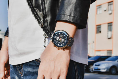 Stevvex men's chronograph watch with blue dial and steel bracelet, waterproof quartz on Tampa Home & Garden Store