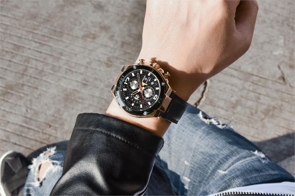 Stevvex men's chronograph watch with black dial, gold-tone case, genuine leather strap on Tampa Home & Garden Store