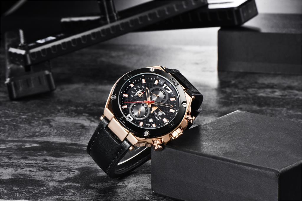 Stevvex men's multifunction luxury quartz chronograph watch with black dial and leather strap on Tampa Home & Garden Store