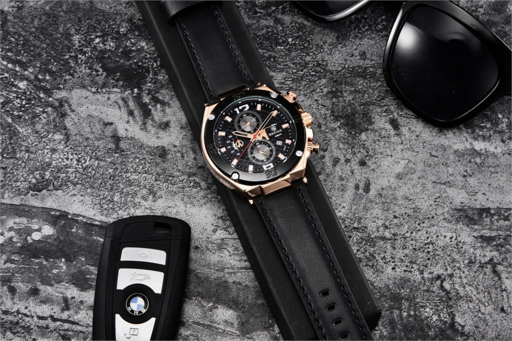 Stevvex watch with black dial, leather strap and chronograph; car key fob and sunglasses on Tampa Home & Garden Store