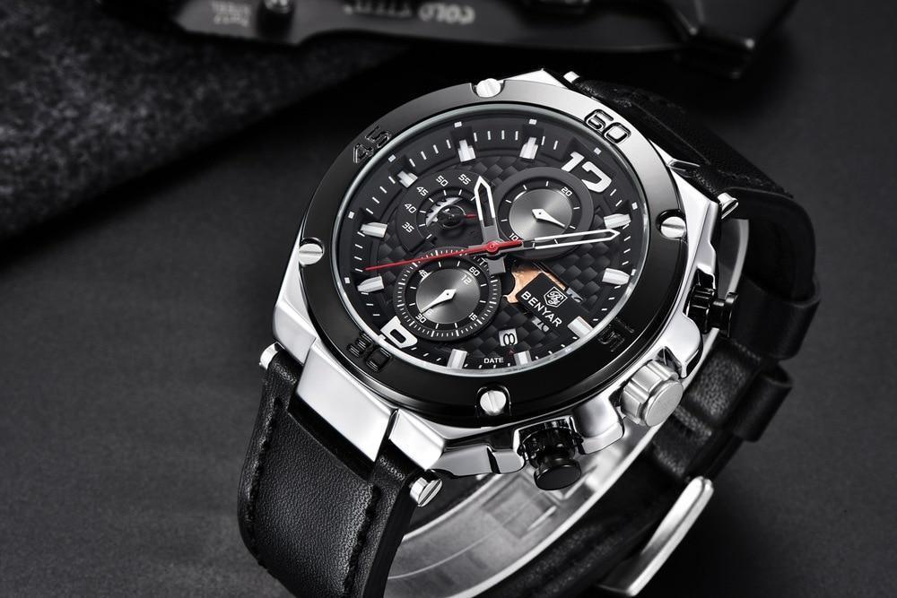 Men's Stevvex multifunction chronograph watch with black dial and leather strap on Tampa Home & Garden Store
