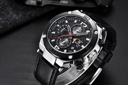 Men's Stevvex multifunction chronograph watch with black dial and leather strap on Tampa Home & Garden Store
