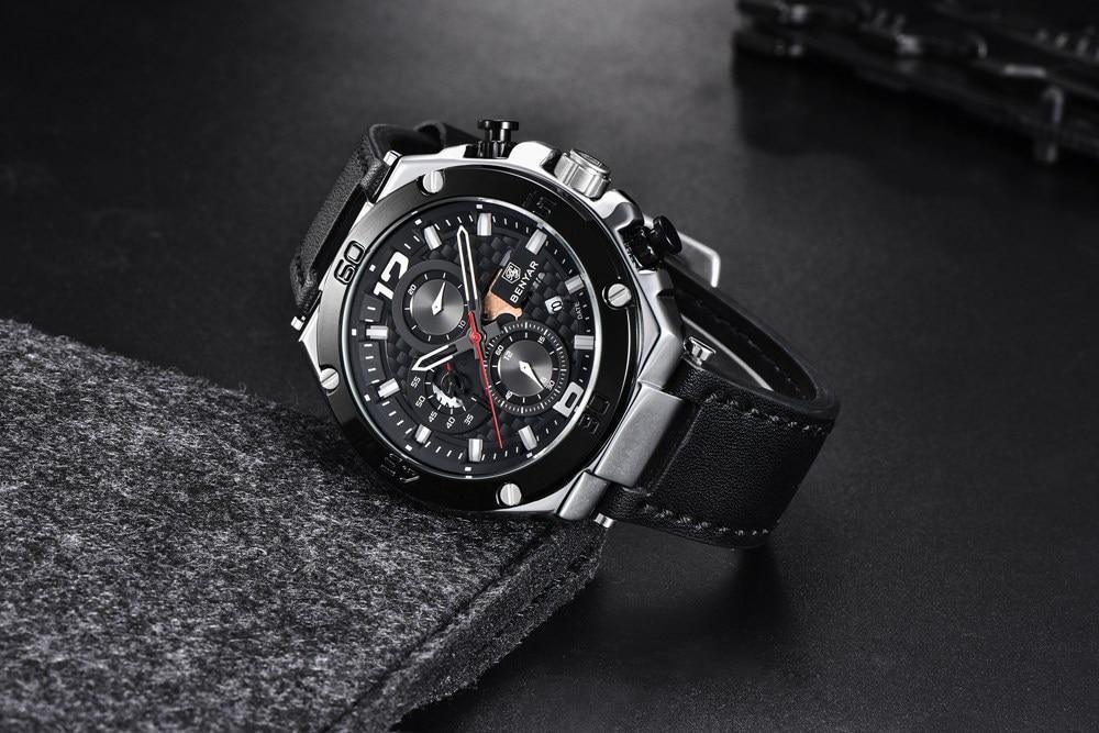 Stevvex men's multifunction luxury chronograph watch with black dial, stainless steel case and genuine leather strap on Tampa Home & Garden Store