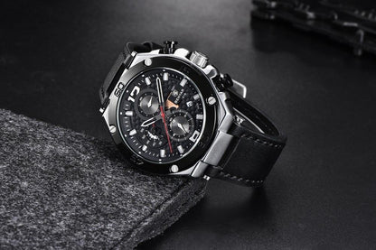 Stevvex men's multifunction luxury chronograph watch with black dial, stainless steel case and genuine leather strap on Tampa Home & Garden Store