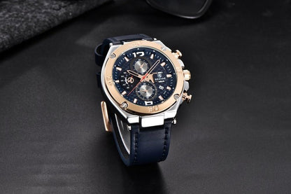 Stevvex men's multifunction luxury watch with blue dial and leather strap chronograph on Tampa Home & Garden Store