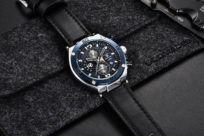 Multifunction men's watch Stevvex with blue bezel black leather strap chronograph on Tampa Home & Garden Store