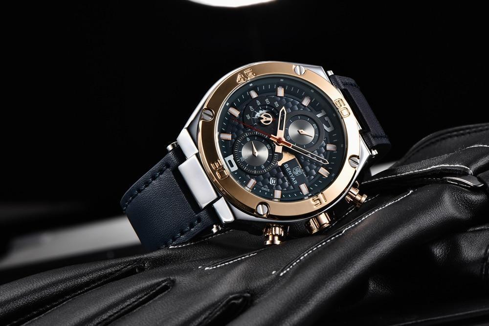 Stevvex Multifunction Luxury 2021 Men's Watch quartz chronograph, blue leather strap, gold bezel on Tampa Home & Garden Store