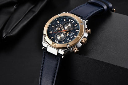 Multifunction Luxury 2021 Men's Watch blue dial chronograph, gold bezel and leather strap on Tampa Home & Garden Store