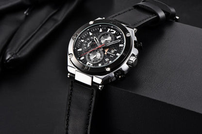 Multifunction luxury men's watch black dial with leather strap, chronograph on Tampa Home & Garden Store