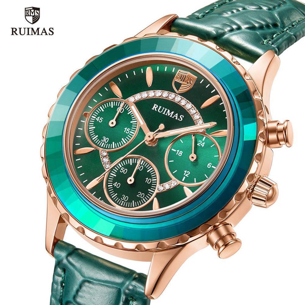 Womens luxury green quartz watch with rose-gold case, leather strap and crystals RUIMAS on Tampa Home & Garden Store