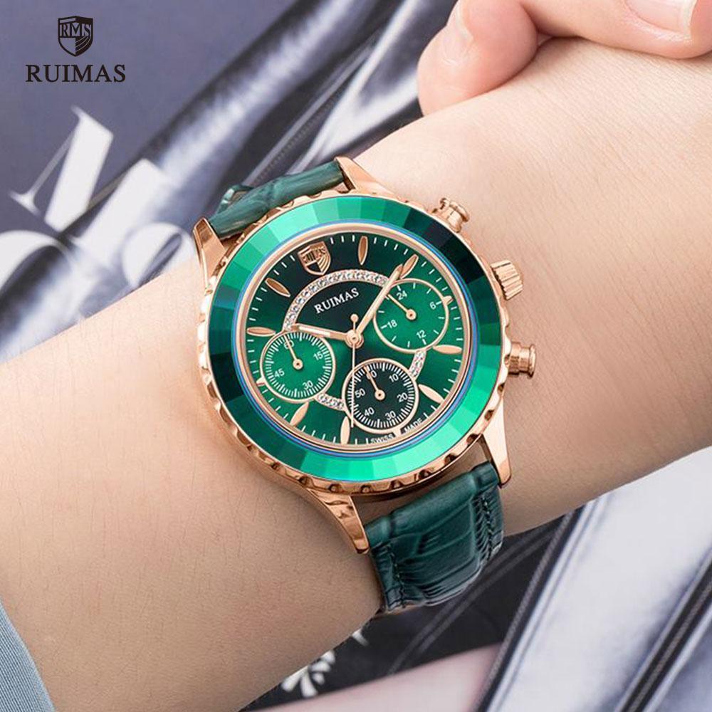 Ruimas green dial women's quartz wristwatch with rose-gold case and green leather strap on Tampa Home & Garden Store