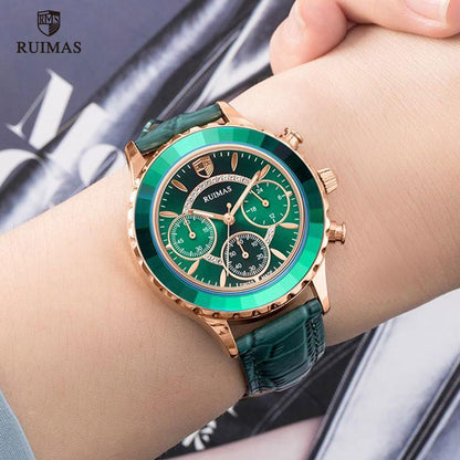 Ruimas green dial women's quartz wristwatch with rose-gold case and green leather strap on Tampa Home & Garden Store