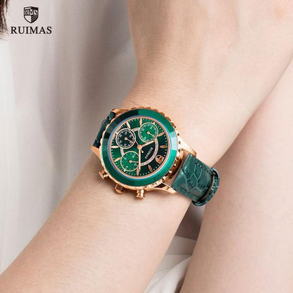 Stevvex luxury green women's quartz watch with rose-gold case, green dial and green leather strap on Tampa Home & Garden Store