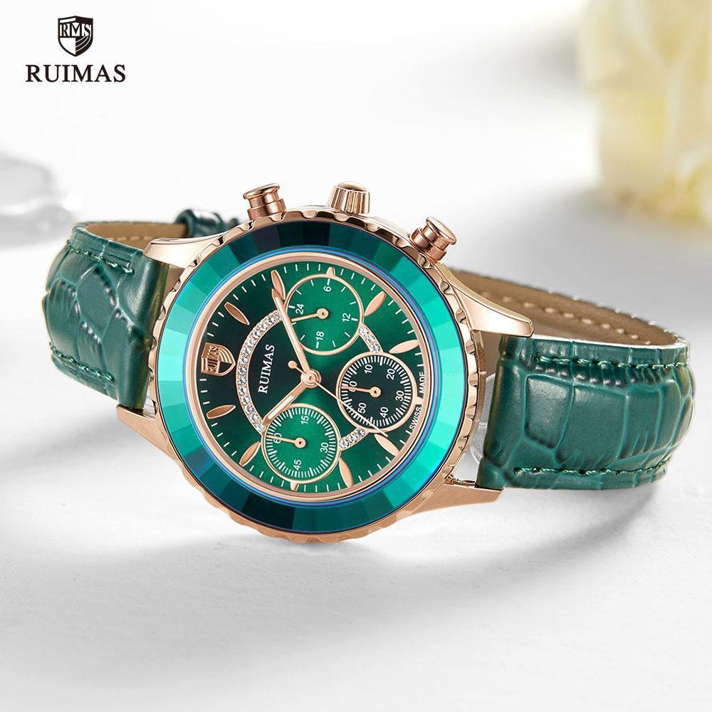 Luxury women's quartz watch with rose-gold case, teal bezel and green leather strap on Tampa Home & Garden Store