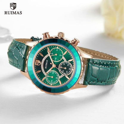 Luxury women's quartz watch with rose-gold case, teal bezel and green leather strap on Tampa Home & Garden Store