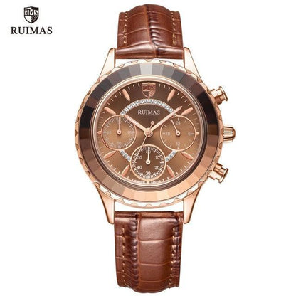 RUIMAS gold-tone women's wristwatch with brown leather strap, chronograph dial ST775GLNKEN2 on Tampa Home & Garden Store