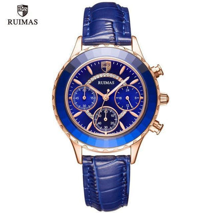 Womens blue leather strap watch by RUIMAS with rose-gold case and quartz movement on Tampa Home & Garden Store