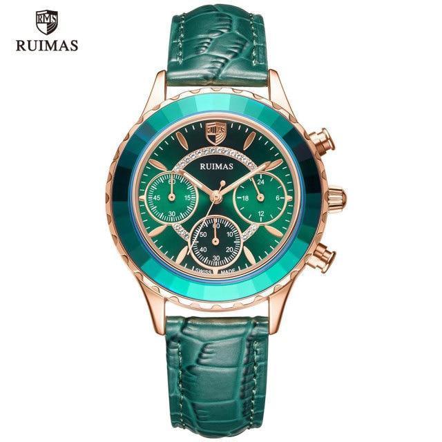 Womens luxury quartz watch with rose-gold case, green leather strap and logo dial on Tampa Home & Garden Store