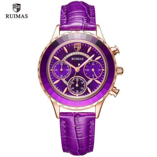 Luxury women's wristwatch with purple dial, purple leather strap, rose-gold case, RUIMAS on Tampa Home & Garden Store