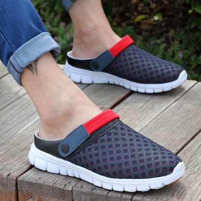 Stevvex men's breathable mesh sandals navy with red strap, white sole pair on feet on Tampa Home & Garden Store
