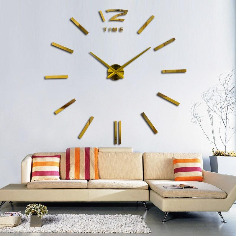 3D frameless wall clock by Stevvex with gold acrylic mirror markers for living room on Tampa Home & Garden Store