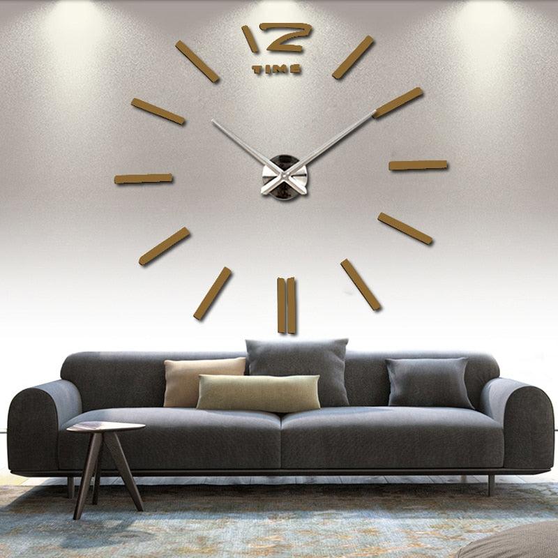 Stevvex 3D frameless wall clock with gold markers and silver hands over living room decor on Tampa Home & Garden Store