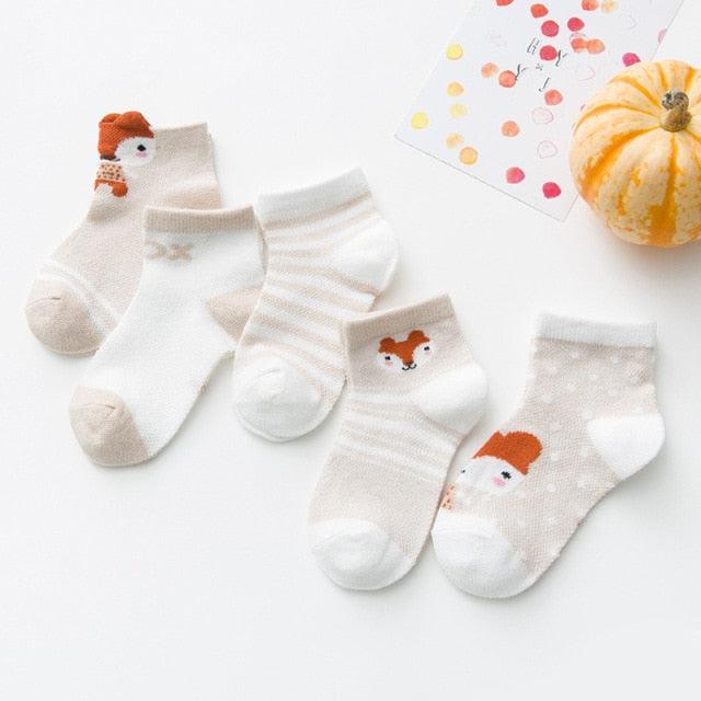 Stevvex baby socks set, 5 pairs for 0-2Y, cotton mesh, cream/white with striped and fox designs on Tampa Home & Garden Store