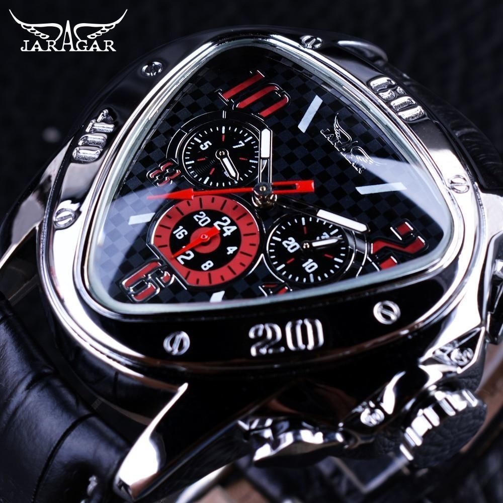 Stevvex Elegant Sport Triangle Mens Watch black dial red accents leather strap on Tampa Home & Garden Store