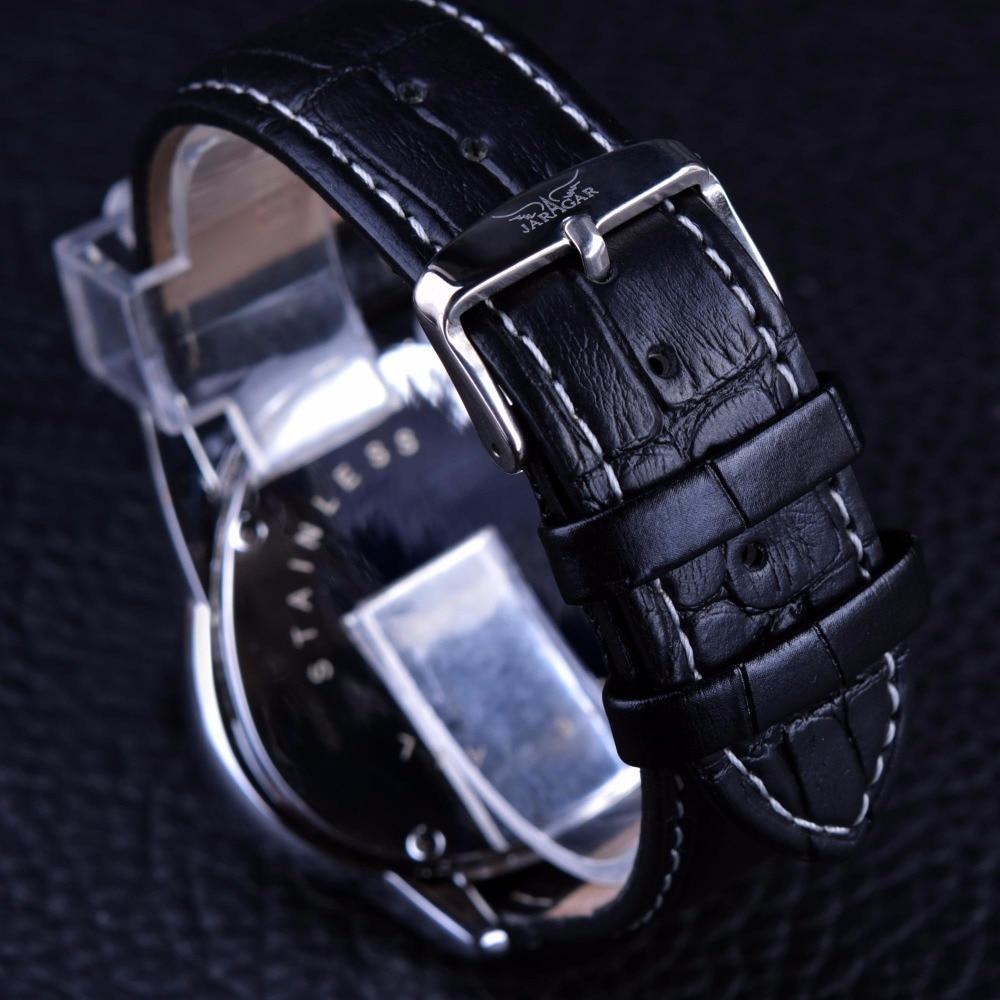 Stevvex men's watch with black leather strap, white stitching, metal buckle, round case on Tampa Home & Garden Store