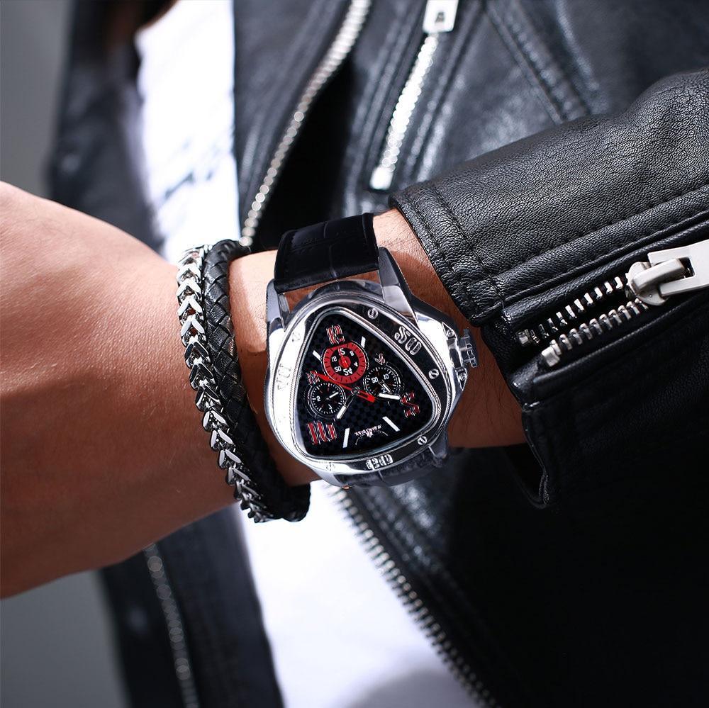 Stevvex triangle men's watch steel case black dial with red subdials, black leather strap on Tampa Home & Garden Store